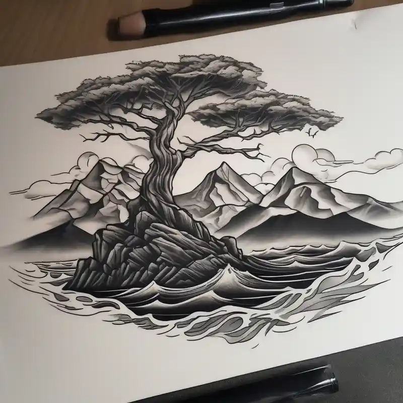 tattoo that has an acacia tree with mountains, ocean with a ship wreck half sleeve tattoos for men – Black and White, Vibrant color